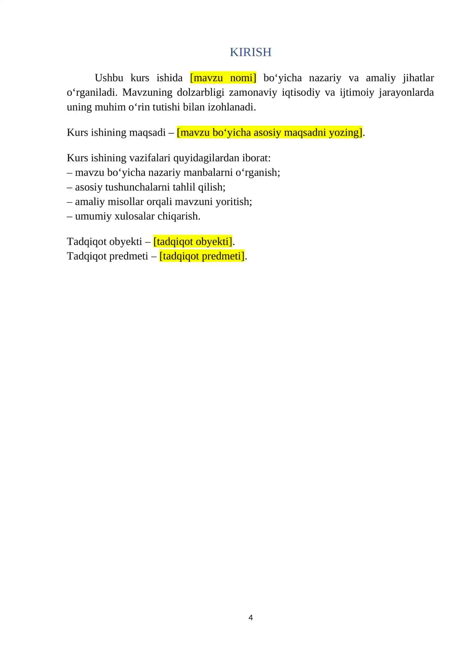 Kurs ishi Word shabloni (OTM standarti, avtomatik mundarija va format) 4
