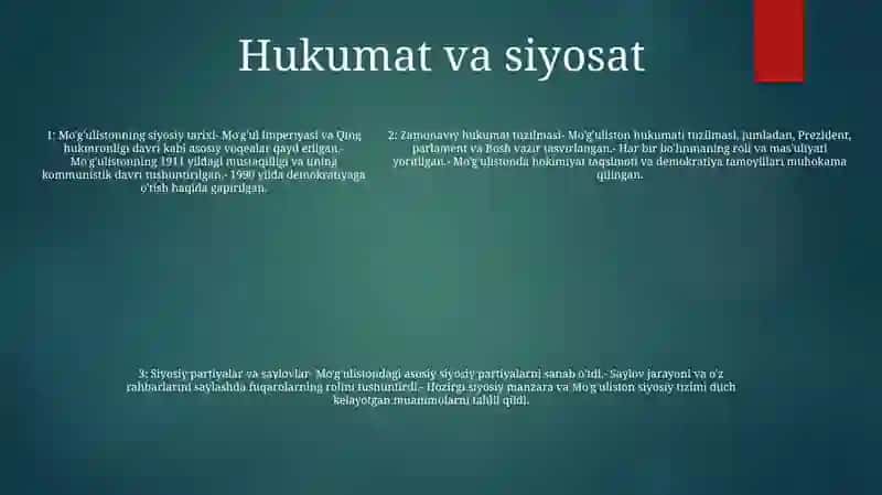9A-Sinf OʻQuvvchisi Davronov OʻKtamning Gegrafiyadan Mangoliya Mavzusidan Loyihasi 4