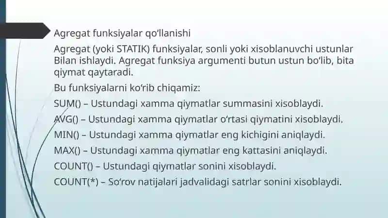 Agregat funksiyalardan foydalanish 4