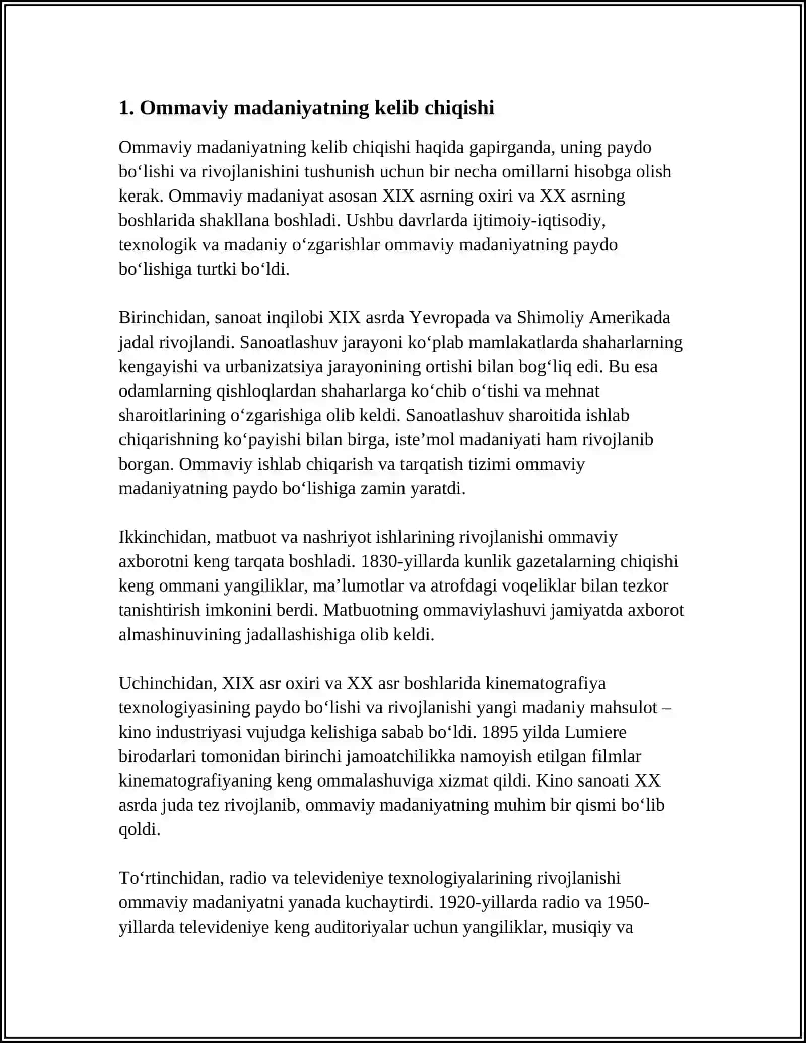 OMMAVIY MADANIYATNING SHAKLLANISH TARIXI VA UNING TURLARI: AKSILMADANIYAT,SUBMADANIYAT,POPULYAR MADANIYAT,EKRAN MADANIYATI 4