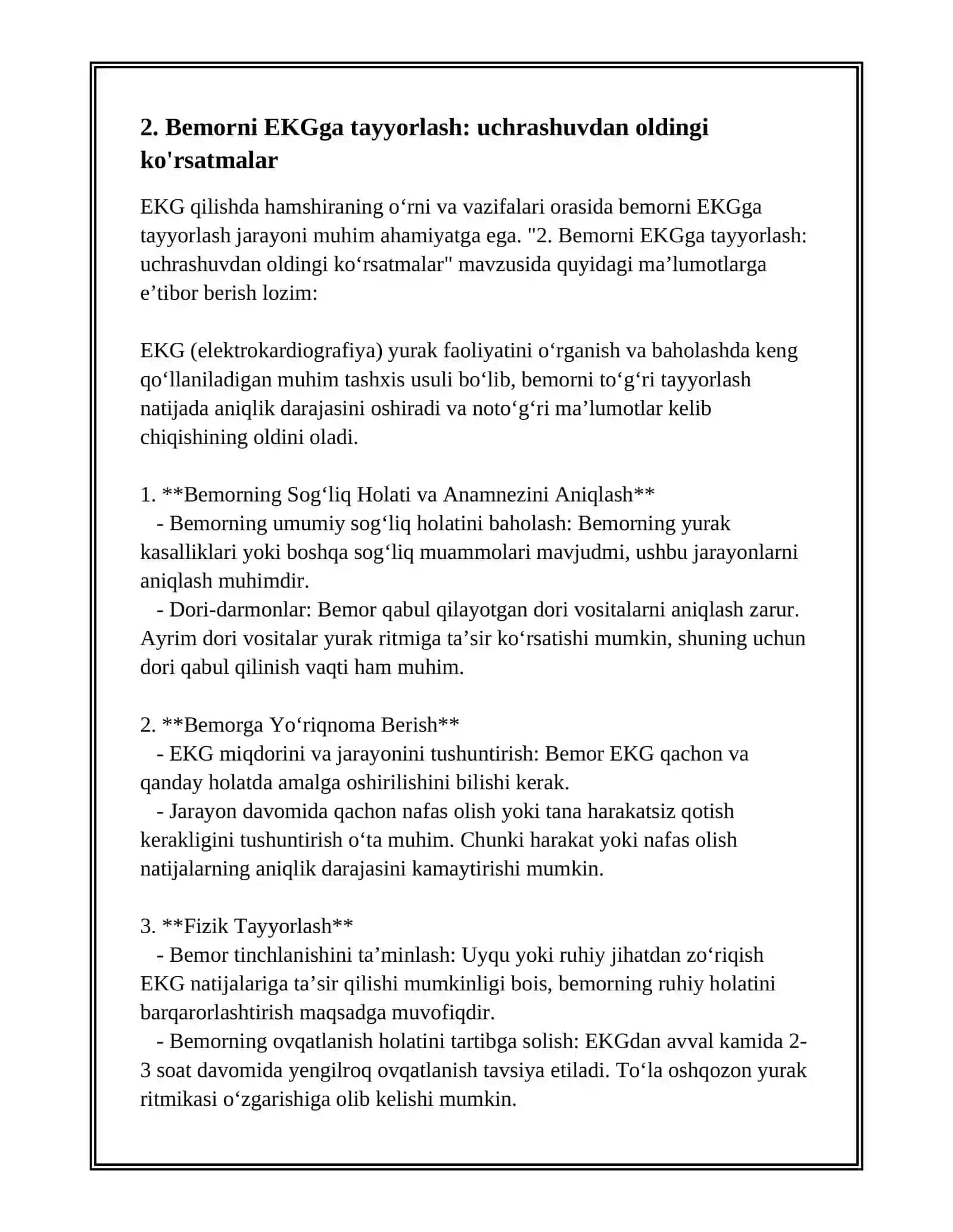 EKG QILISHDA HAMSHIRANING O'RNI VA VAZIFALARI. BEMORNI EKGGA TAYYORLASH 4