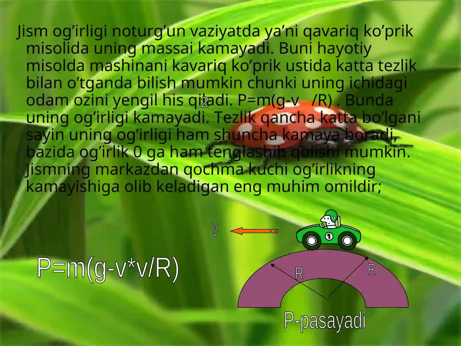 Jism og’irligining uning harakatiga bog’liqligi, yuklama va vazinsizlik 4