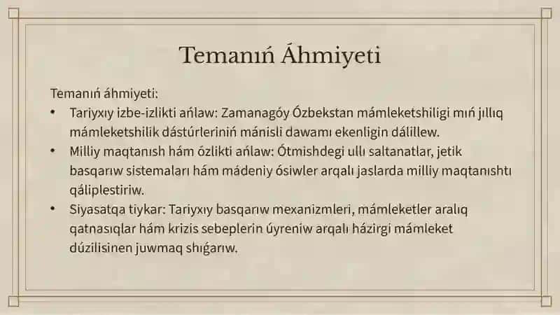 Ózbek mámleketshiliginiń tariyxıy basqıshları (Ózbekstan aymaǵındaǵı mámleketler tariyxı mısallarında) 4