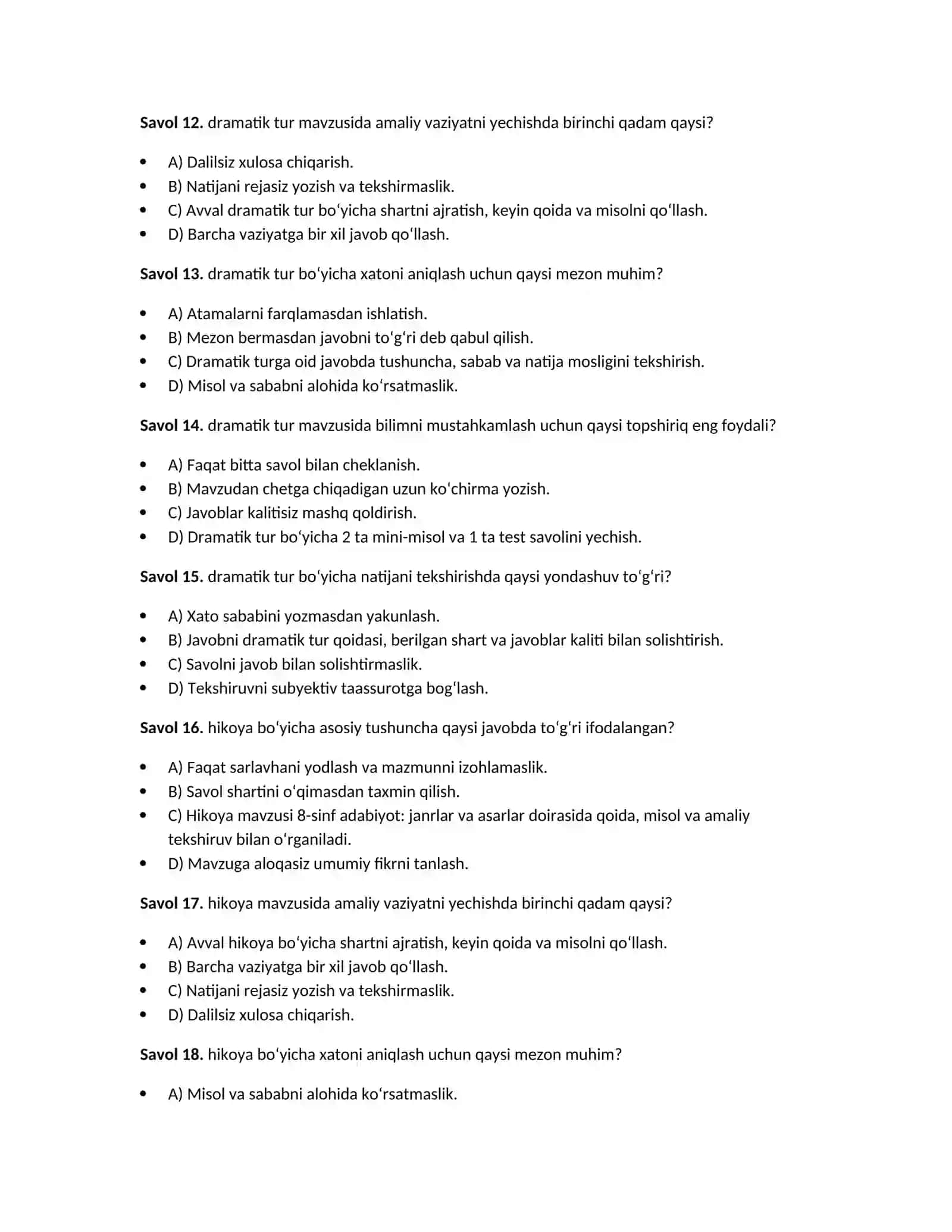 8-sinf adabiyot: janrlar va asarlar — 100 test 4