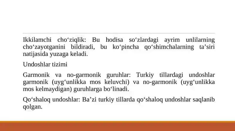 Turkiy tillarda unlilar tizimi.Singarmanizm hodisasi.ikkilamchi choziqlik,turkiy tillarda undoshlar tizimi.Turkiy tillarning leksik taraqqiyoti.Oz qatlam 4