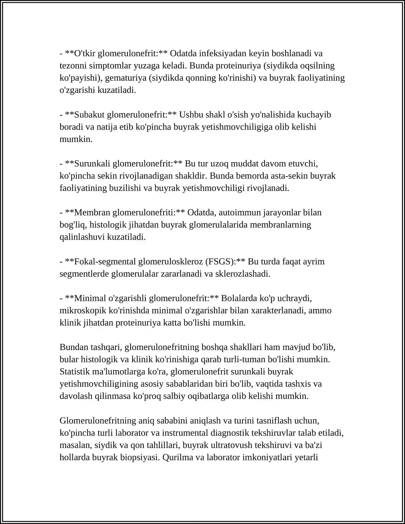 BUYRAK VA SIYDIK ISHLAB CHIQARISH KASALLIKLARI: GLOMERULONEFRIT VA PIYELONEFRIT 4