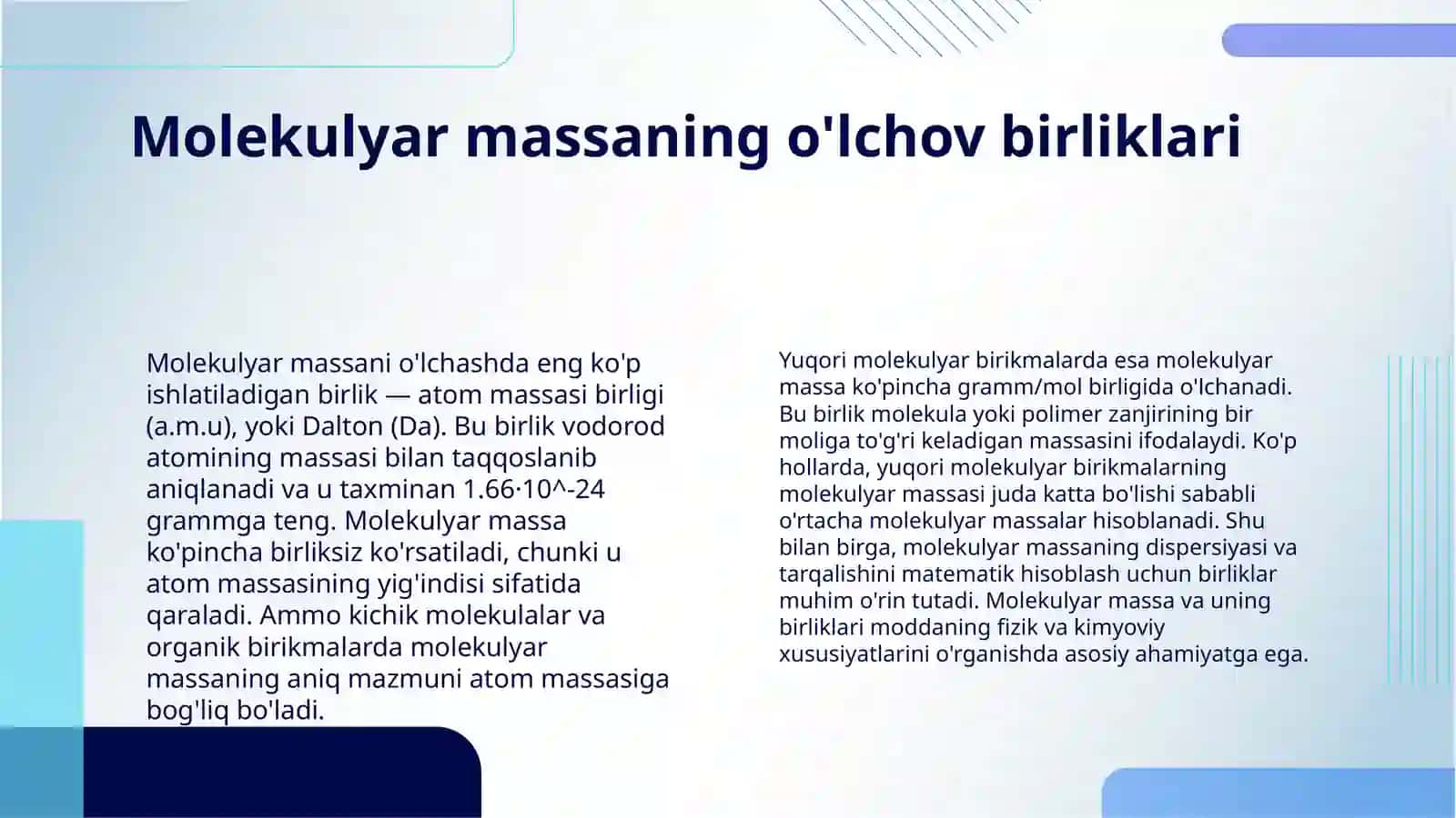 YUQORI MOLEKULYAR BIRIKMALARNING MOLEKULYAR MASSALARI. MAKROMOLEKULA, POLIMER ZANJIRI 4