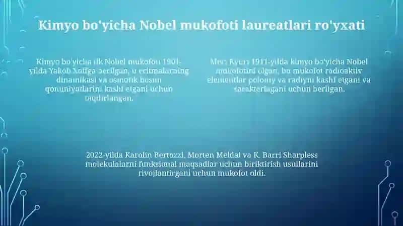 Kimyo sohasidagi Nobel mukofoti sovrindorlari va yutuqlari 4