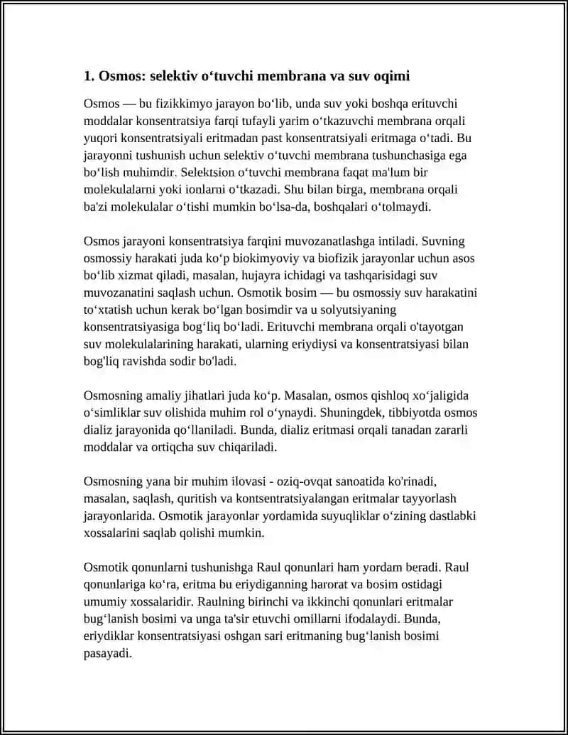 OSMOS. RAUL QONUNLARI ERITMALARNING FIZIK KIMYOVIY XOSSALARI BRENSTEA. GIDROLIZIDAGI ALOHA XOLATLAR 4