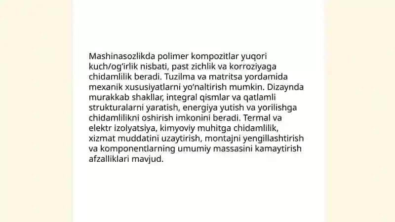 Poʻlimer kompozitsion materiallarni qoʻllanishi.Mashinasozlikda va qurilishda qoʻllaniladigan polimer materiallar 4