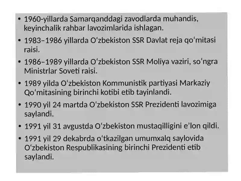 OʻZBEKISTON Respublikasining birinchi prezidenti Islom Abdugʻaniyevich Karimov 4