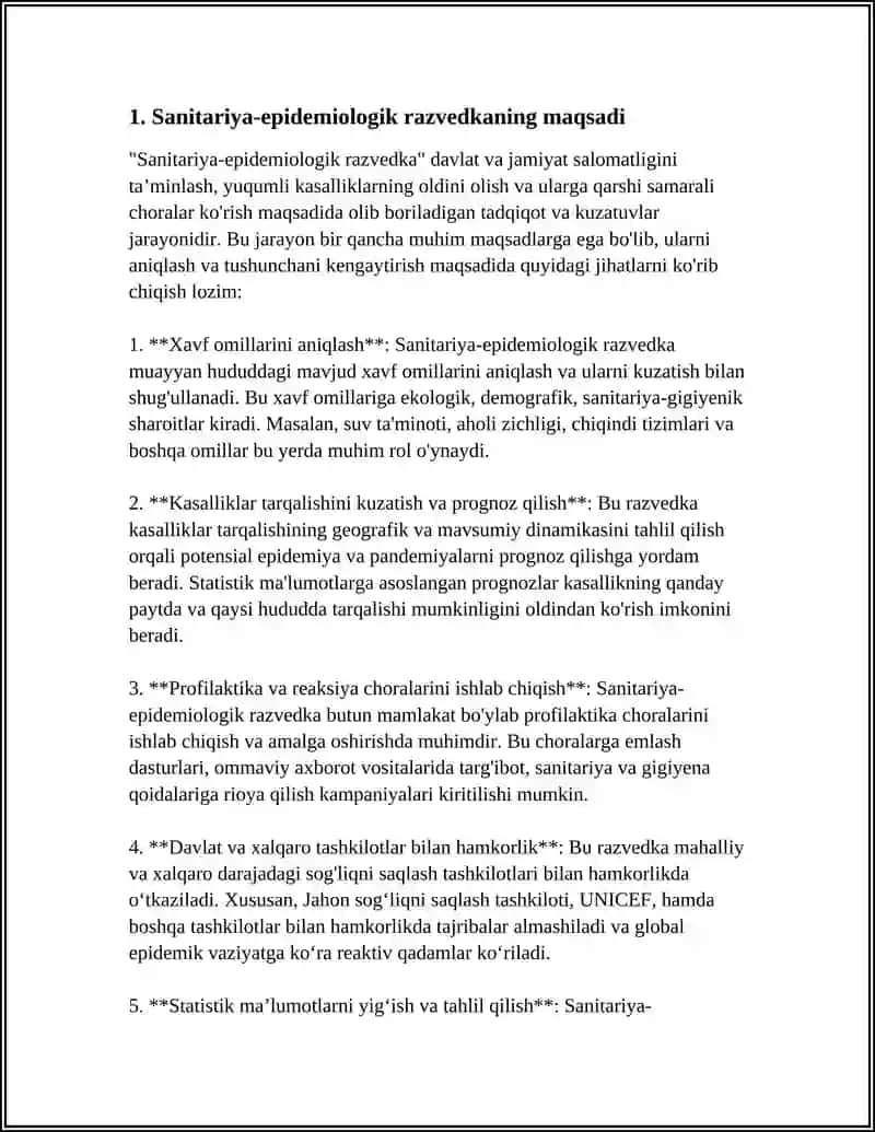 SANITARIYA-EPIDEMIOLOGIK RAZVEDKA. BAKTERIOLOGIK RAZVEDKA. SANITARIYA-EPIDEMIOLOGIK RAZVETKANING ASOSLANUVCHI PRINTSIPLARI, O‘TKAZISH USULLARI. BAKYERIOLOGIK RAZVETKANING ASOSIY VAZIFALARI MAXSUS VA BO‘LMAGAN INDIKATSIYA. MAXSUS INDIKATSIYA BOSQICHLARINI ANIQLASH 4