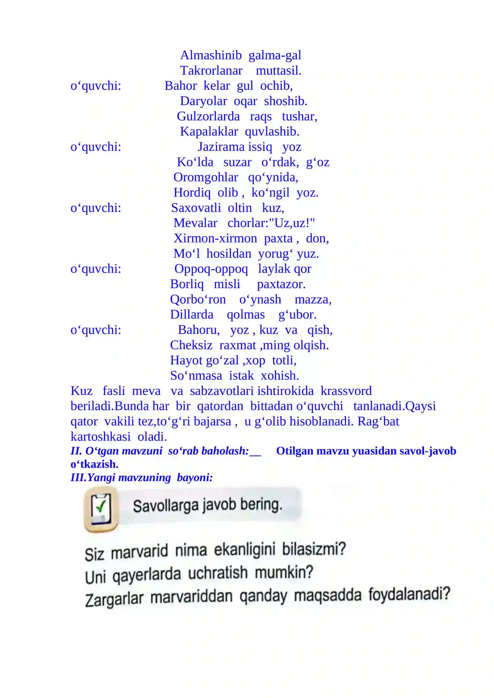 4-sinf o'qish Marvarid 1-chorak dars ishlanmasi 4