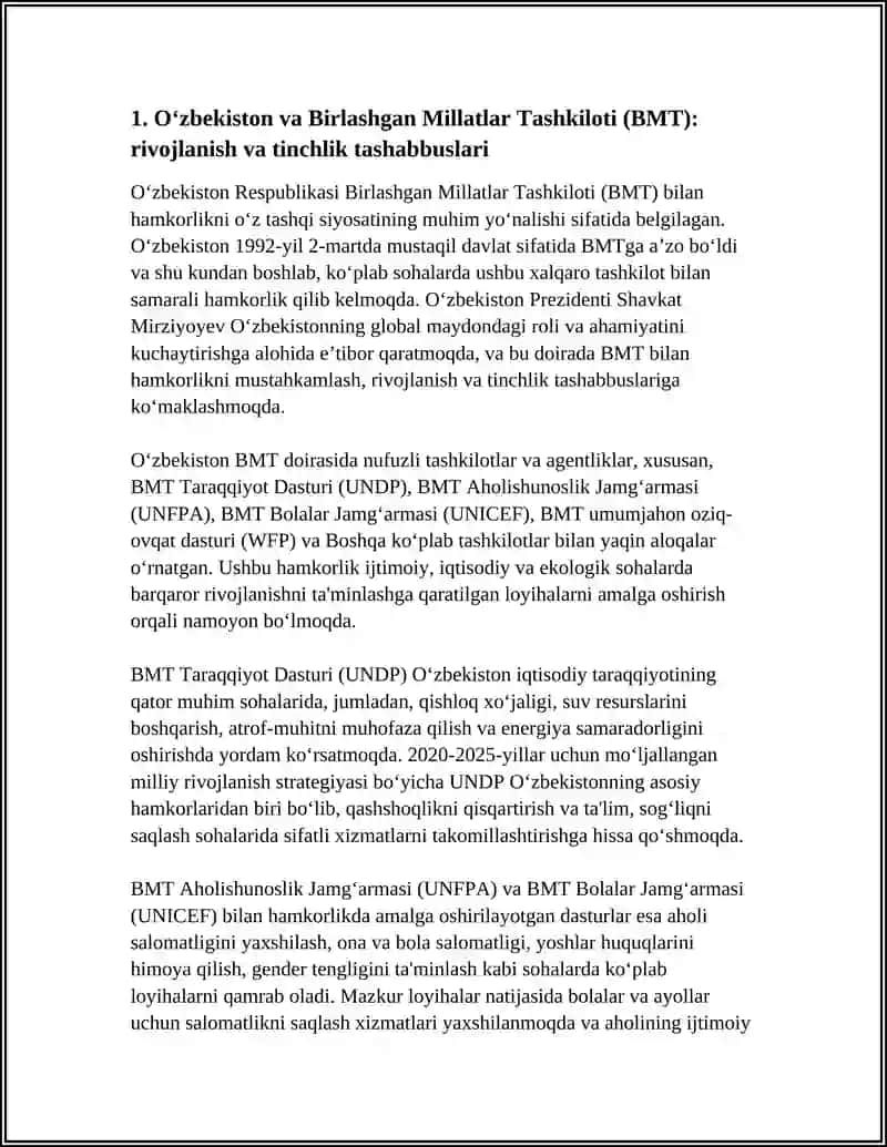 OʻZBEKISTONNING XALQARO TASHKILOTLAR BILAN XAMKORLIK ALOQALARI 4