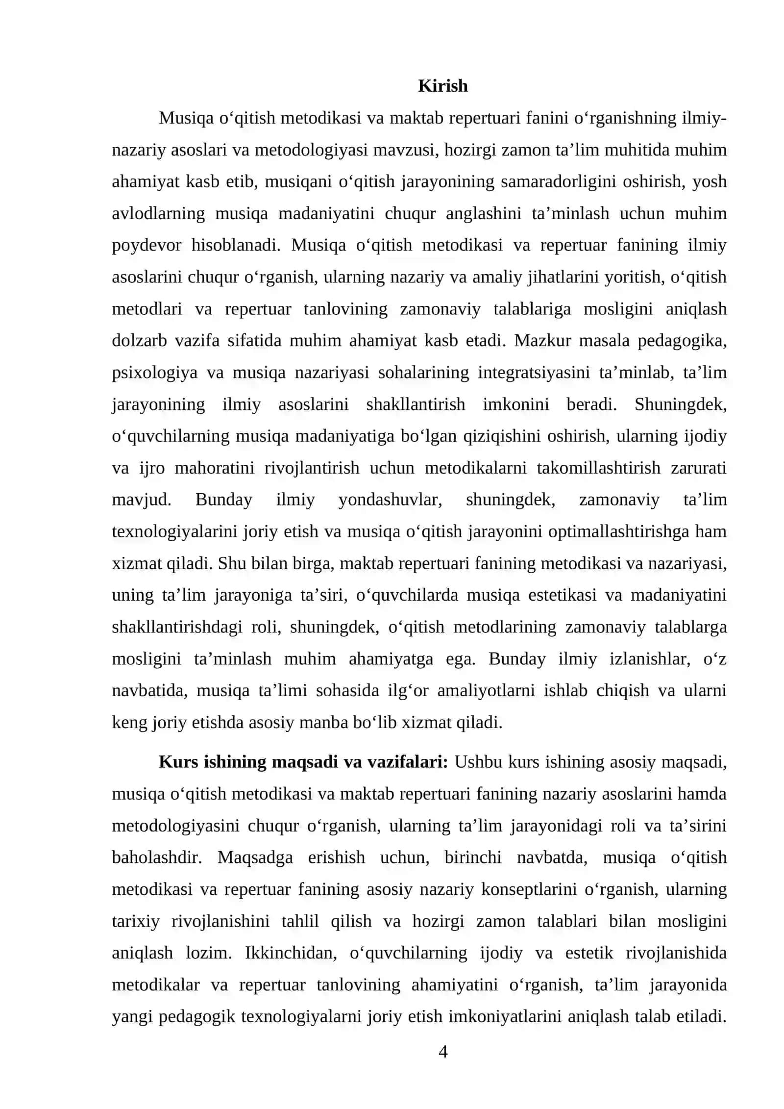 MUSIQA OʻQITISH METODIKASI VA MAKTAB REPERTUARI FANINI OʻRGANISHNING ILMIY-NAZARIY ASOSLARI VA METODOLOGIYASI 4