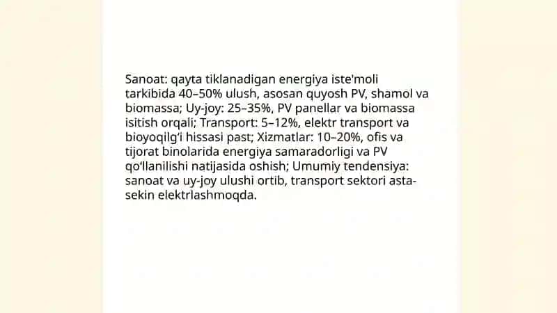 Tiklanadigan energiya iste'molining holati, tarkibi va rivojlanish istiqbollari 4