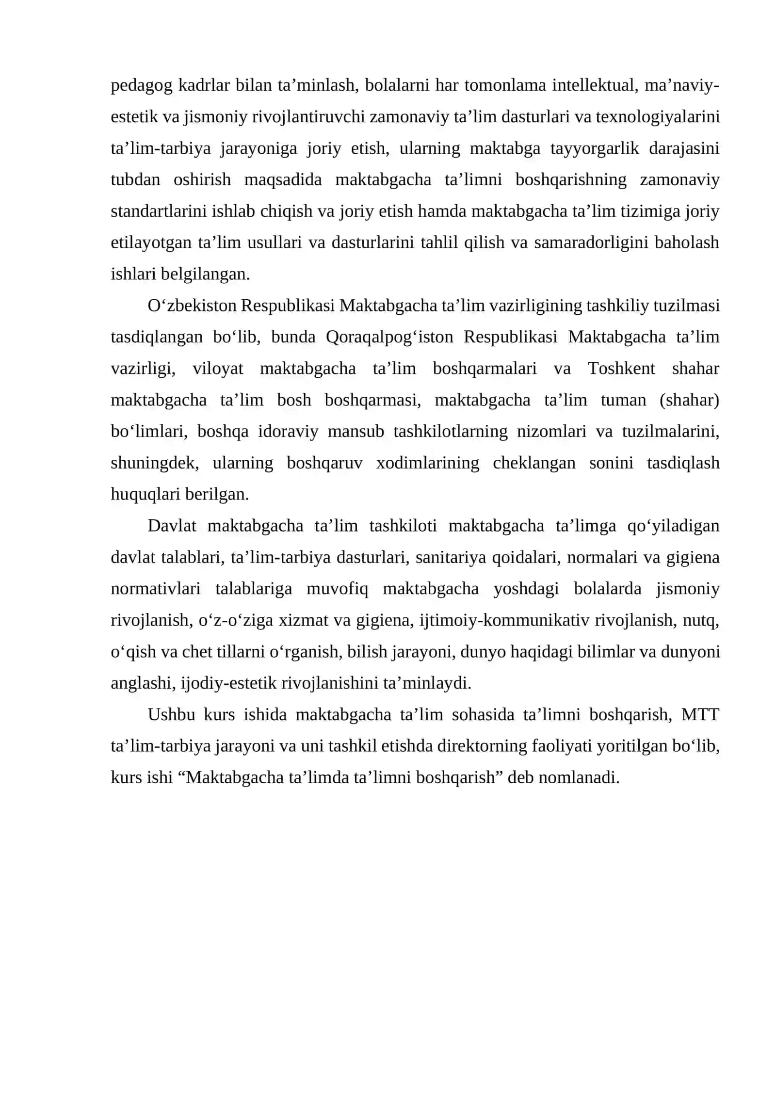 “Davlat maktabgacha ta’lim – tarbiyani nazorat qilish va ta’lim tarbiya ishlarini takomillashtirish” KURS ISHI 4