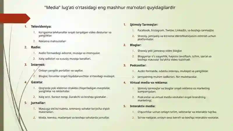 Mediava axborot tili, media vaan’anaviymatnlarnio’qish 4