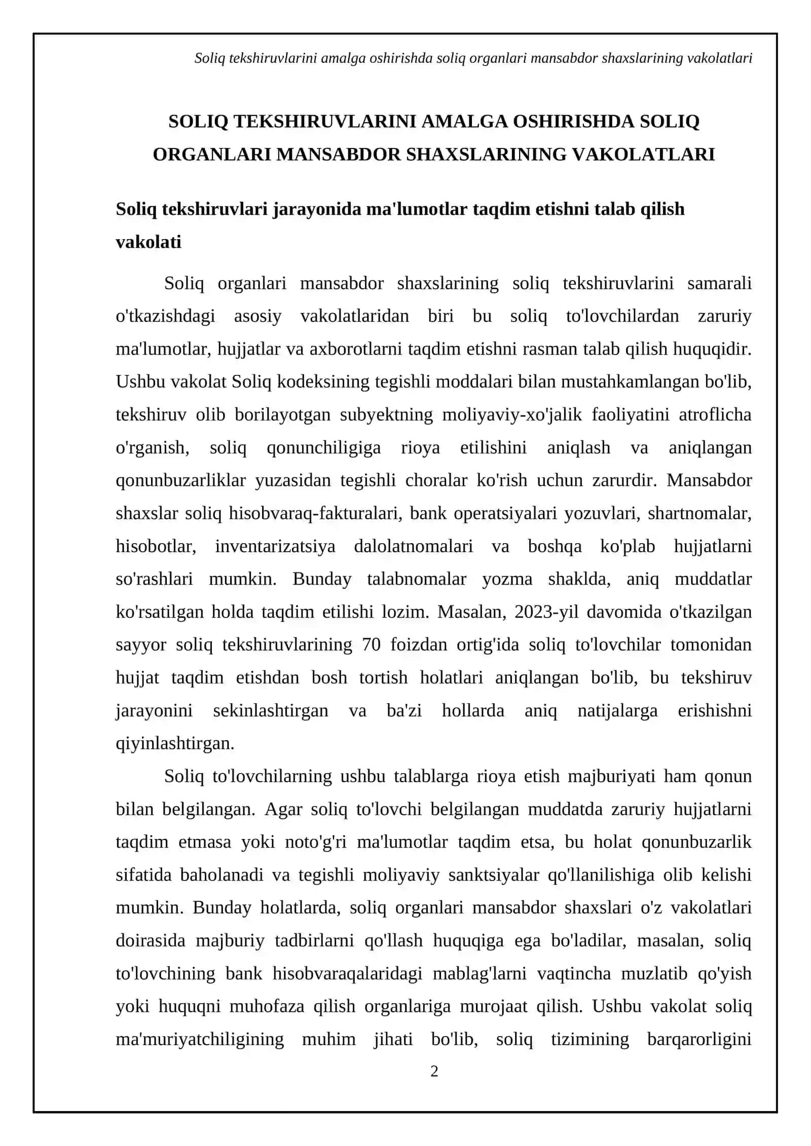 Soliq tekshiruvlarini o’tkazishda soliq organlari mansabdor shaxslarining huquq va majburiyatlari 4