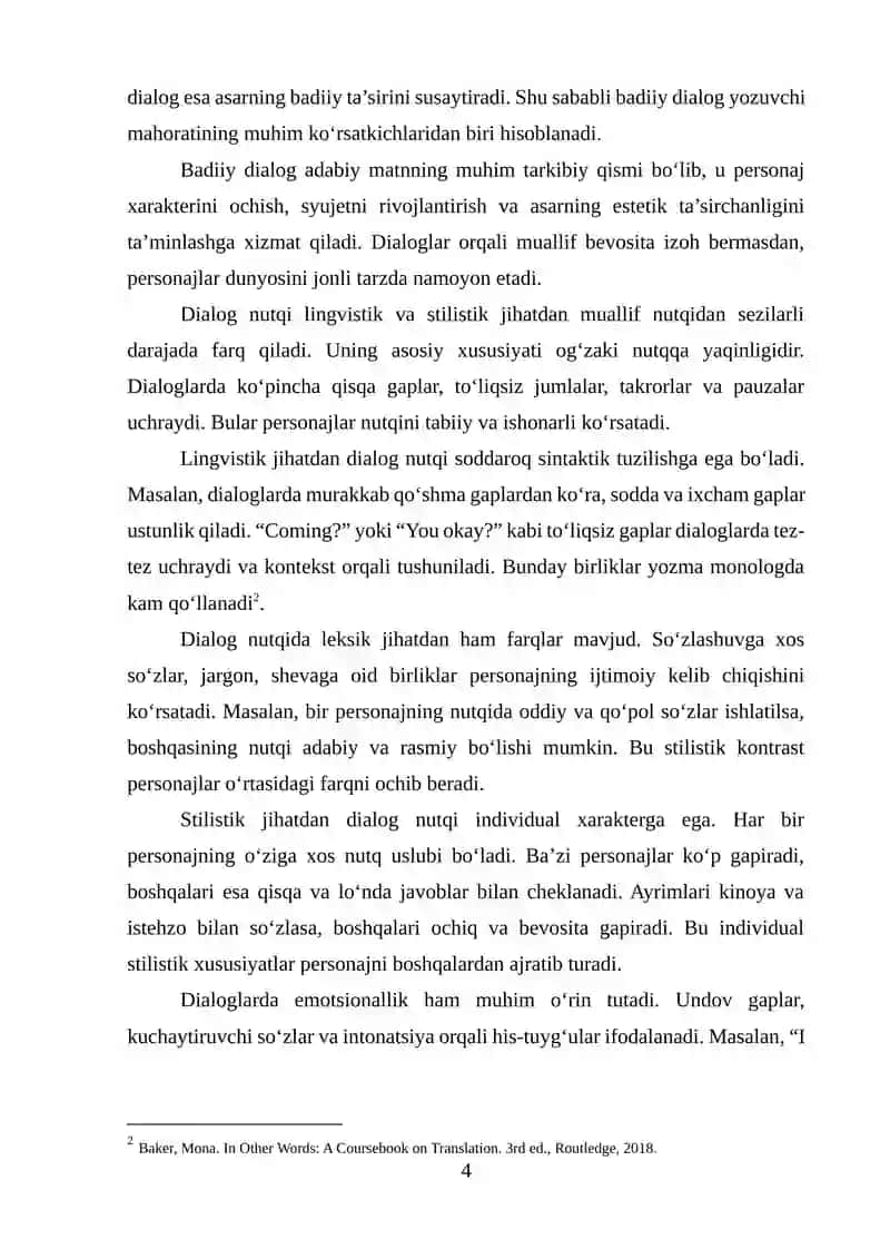 "INGLIZ TILIDAGI BADIIY DIALOGLARNI O‘ZBEK TILIGA YOZMA TARJIMA QILISH XUSUSIYATLARI" 4