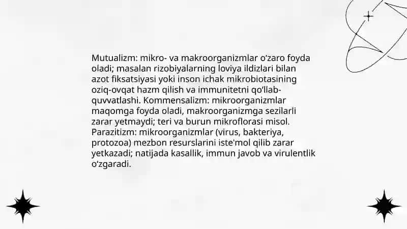 Infeksiya.Mikro va makro organizmlarning oʻzaro ta'siri, shakllari. Yuqumli jarayonlar.Bakteriyalarning patogenlik va virulentlik xususiyatlari. Makroorganizmlarning genetikasi va oʻzgaruvchanligi 4