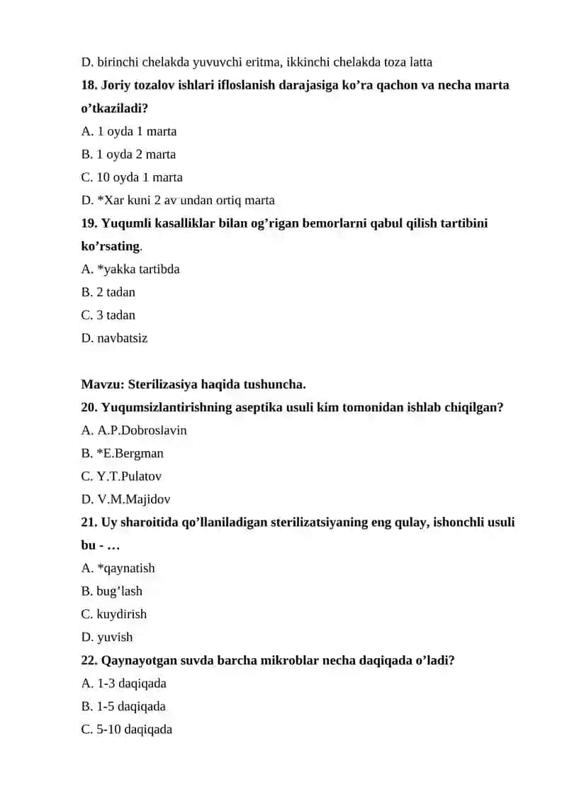 Dezinfeksiya ishi fanidan test, javoblari bilan 4