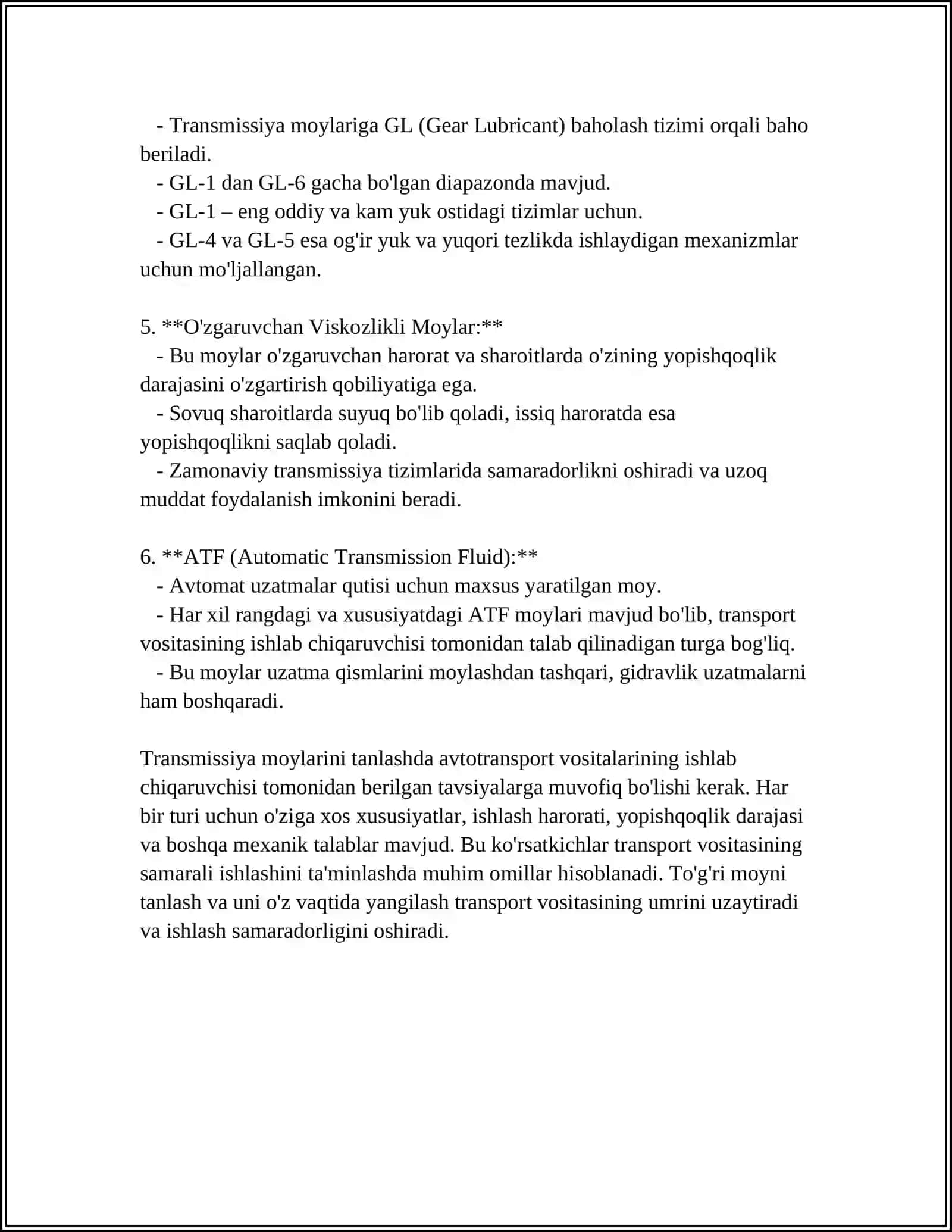 AVTOMOBILLARDA TRANSMISSION MOYLARNING XOSSALARI 4