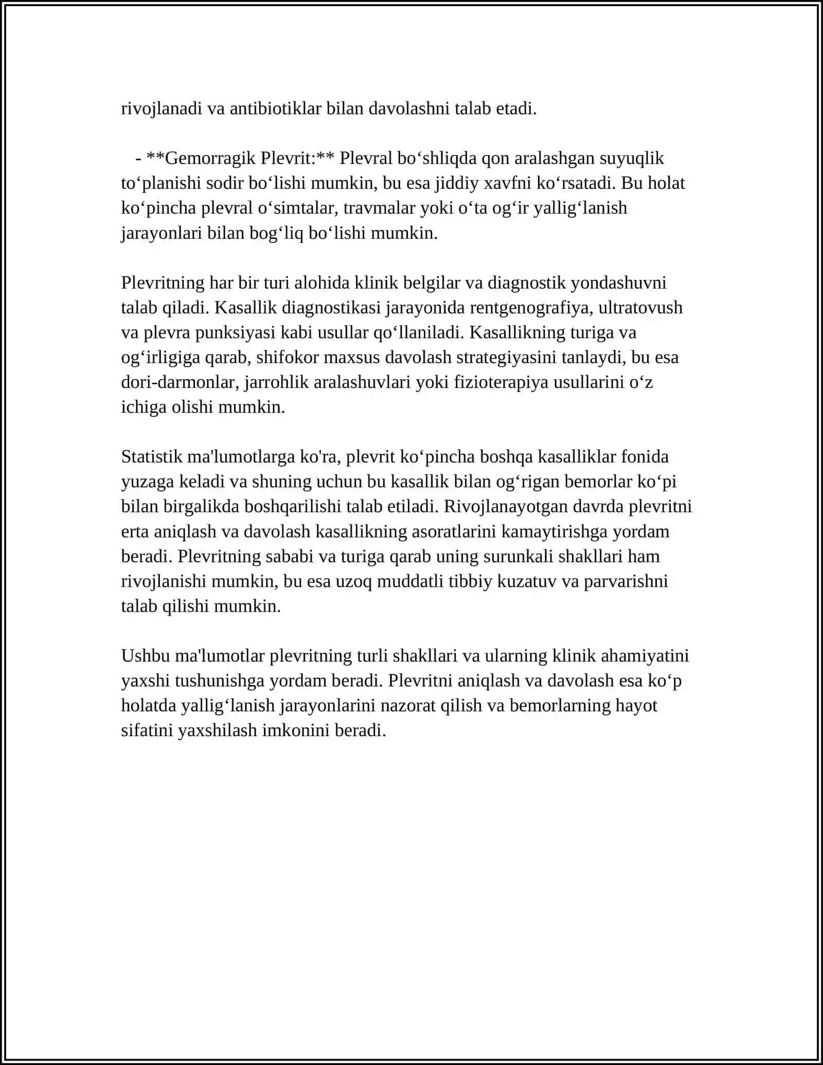 MUSTAQIL ISH Mavzu: PLEVRIT 4