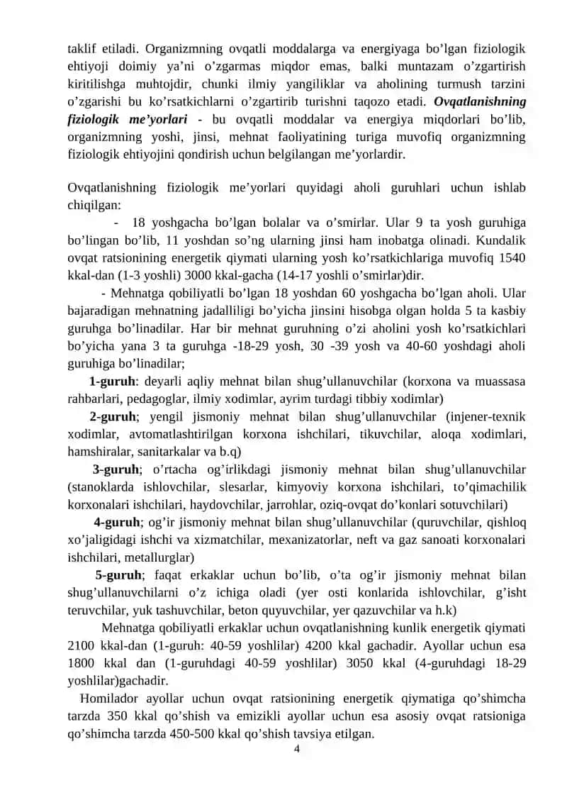 Shaxsiy ovqatlanishning adekvatligini o’rganish va baholash. 4