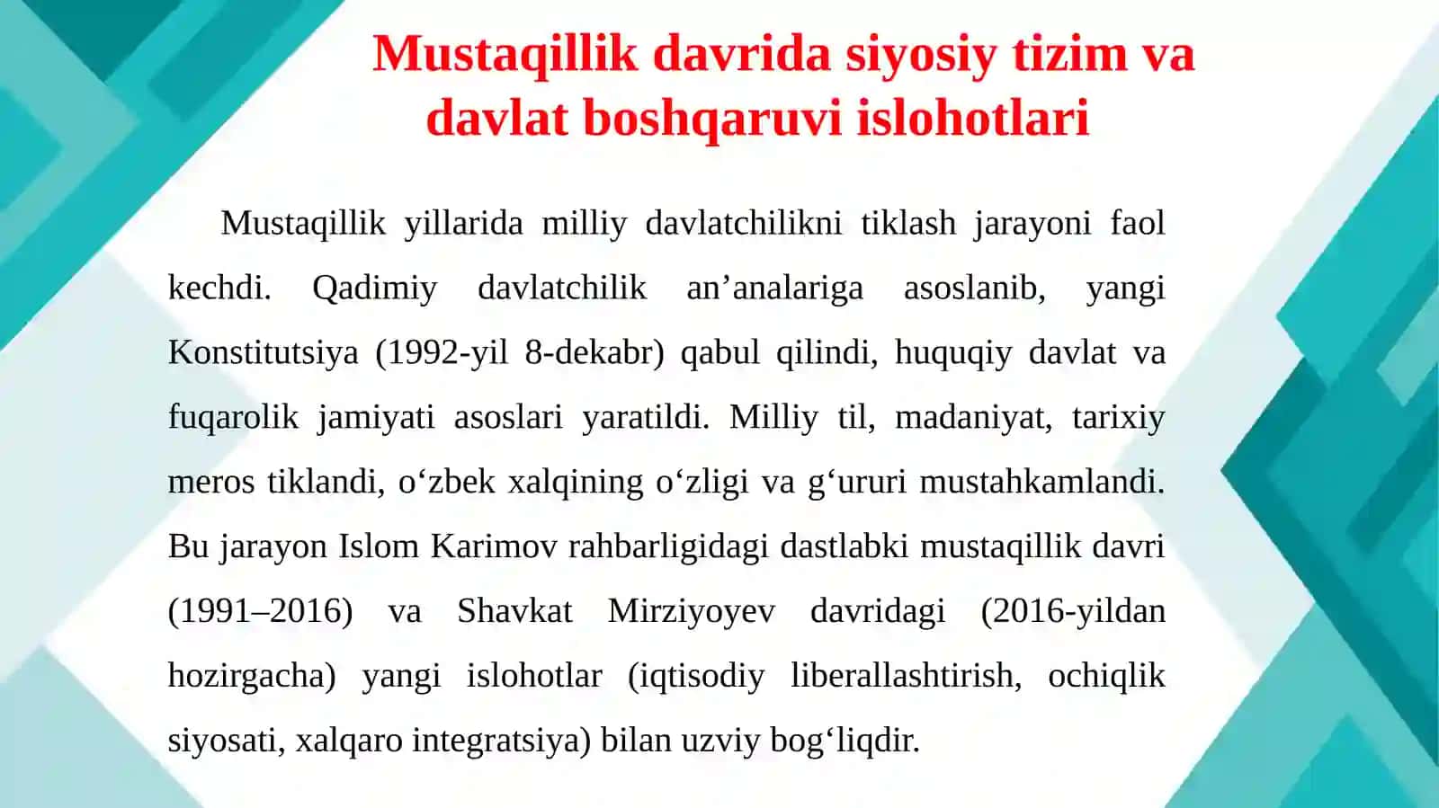 Mustaqillik yillarida O‘zbekistonning siyosiy, ijtimoiy-iqtisodiy va madaniy hayoti tarixi 4