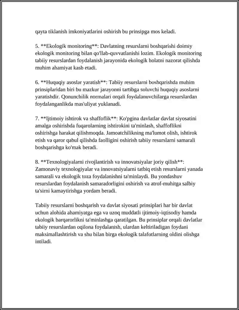 Davlatning Tabiiy Resurslardan Foydalanish va Ekologiya Siyosati Referat 4