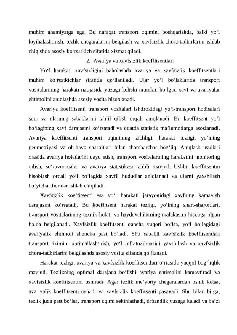 Yo‘l bo‘laklarida harakatlanish tezliklarini o‘zgarishi, avariyalik va xavfsizlik koeffitsentlari asosida baholash 4