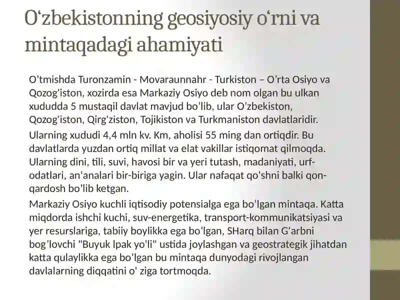 O‘zbekistonning Markaziy Osiyoda tinchlik va barqarorlikni ta’minlashdagi o‘rni. 4