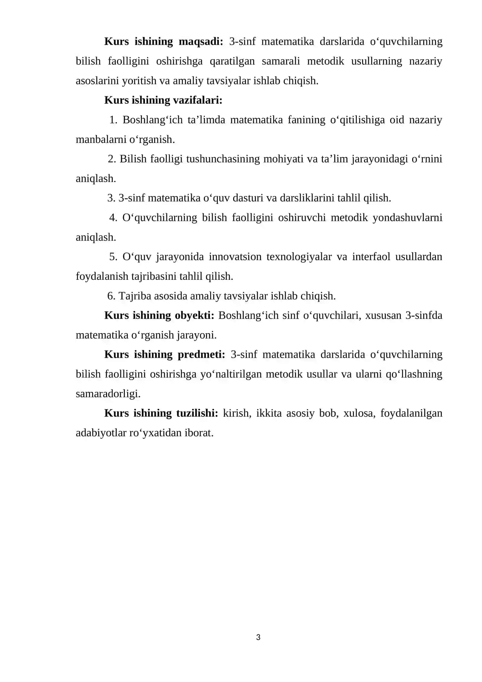 : 3-sinfda matematekadan o’quvchilarning bilish fa’olligini oshirish metodikasi KURS ISHI 4