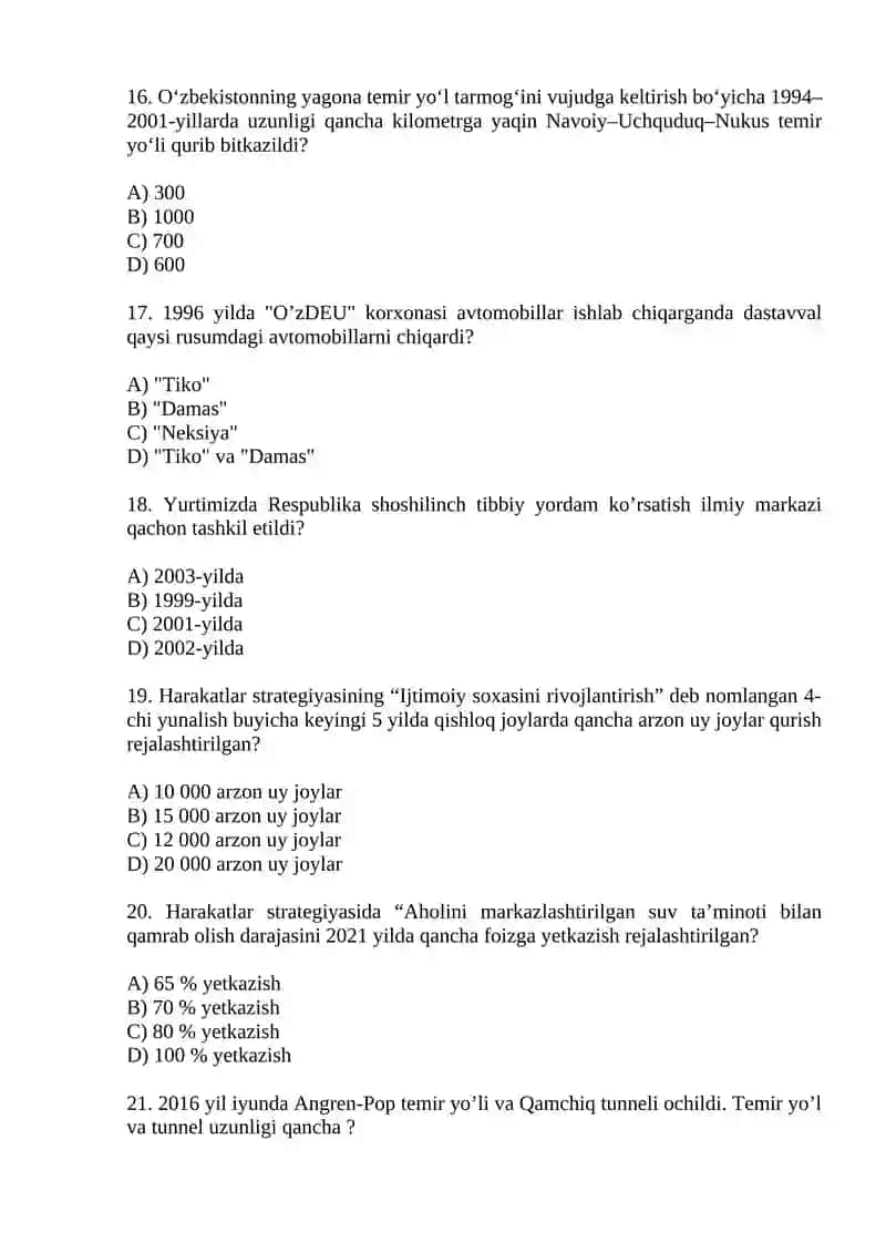Mustaqillik yillarida O‘zbekistondagi ijtimoiy-iqtisodiy o‘zgarishlar. Test savollari. 4