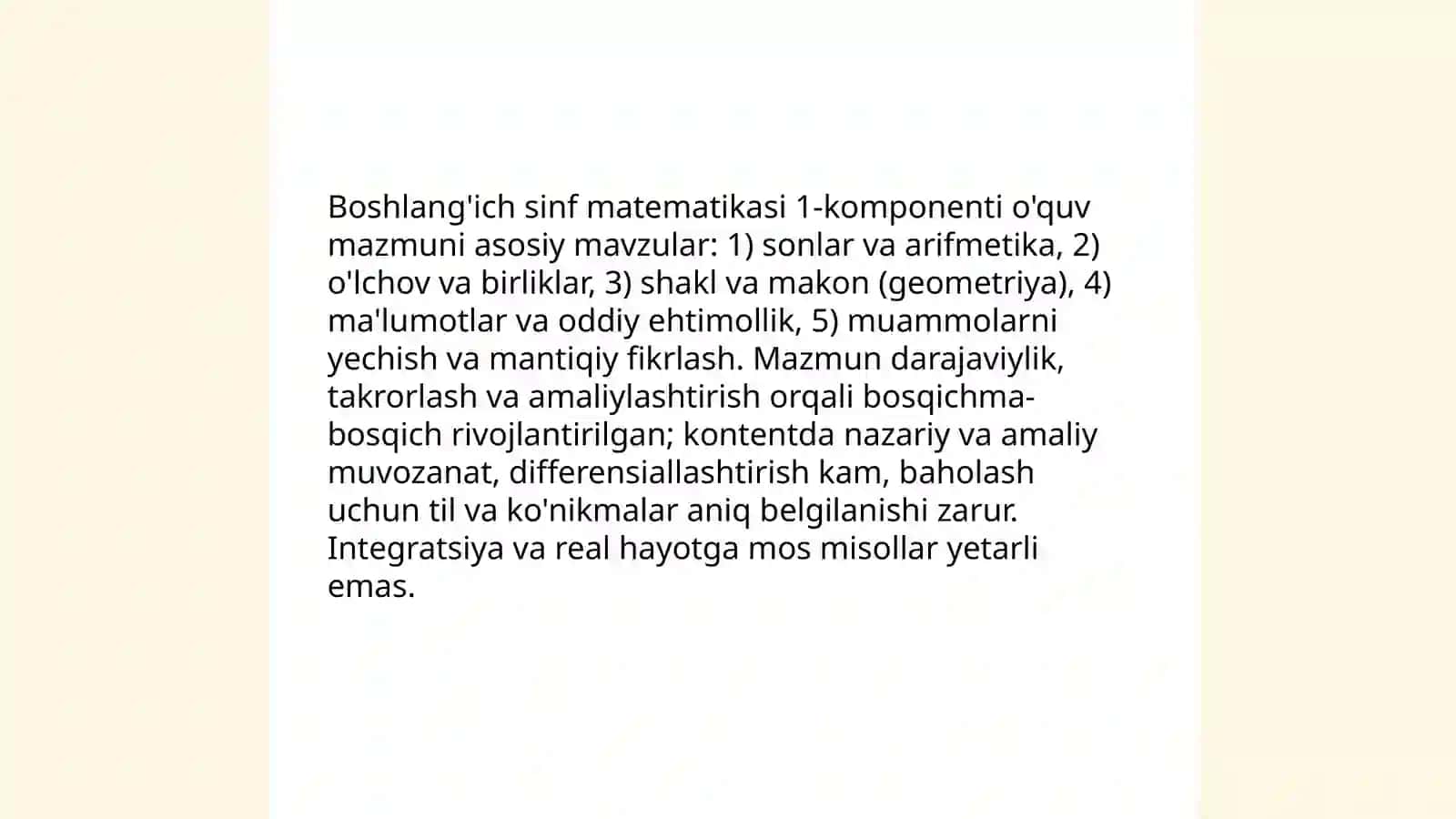 Boshlang'ich sinf matematika dasturining asosiy 5 ta komponentlari umumiy tahlili 4