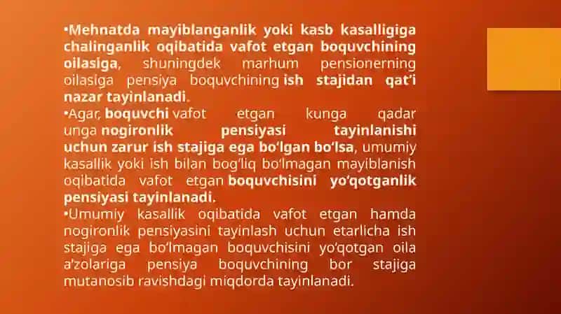 Boquvchisini yo'qotganlik pensiyasi.tayinlash, hisoblash va to'lash tartibi. 4