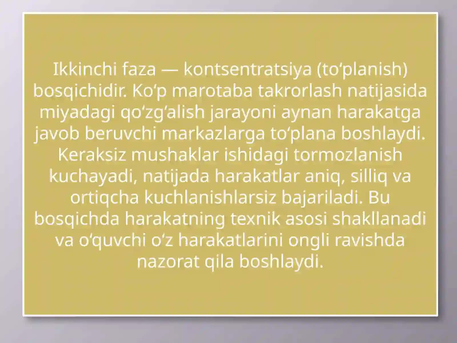 harakat malakasining shakillari (1-2-3-fazalari) malakaning stabillashuvi va pastligi. malaka shakillanishining asta-sekinligi va notekisligi turlari 4