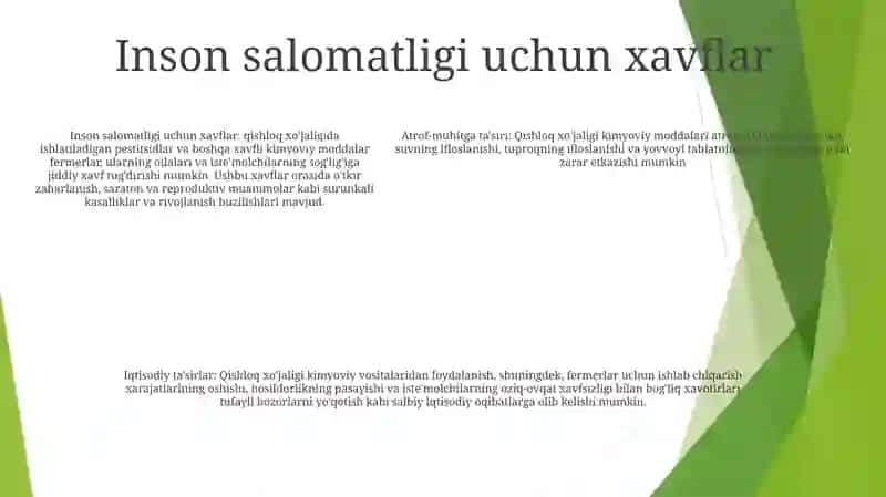 Kimyoviy Ogitlar, Pestitsidlar Va Boshqa Zaharli Kimyoviy Moddalardan Foydalanish Orqali Qishloq Xo’Jaligining Turli Sohalarida Оziq-Оvqat Mahsulotlari Xom Ashyolari Sifatiga Ta’Siri Va Uni Baholash 4