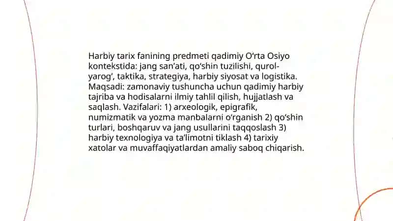 Harbiy sanʼat tarixi va milliy meros fanidan tayyorlagan taqdimoti 4