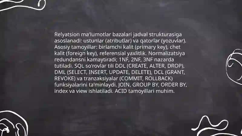 Ma'lumotlar bazalari va bug data bilan ishlash texnologiyalari 4