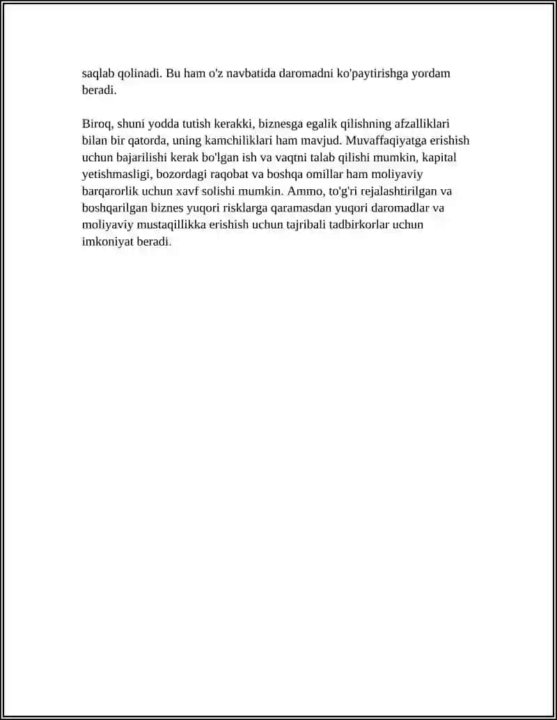 BIZNESGA EGALIK QILISHNING AFZALLIK VA KAMCHILILLARI 4
