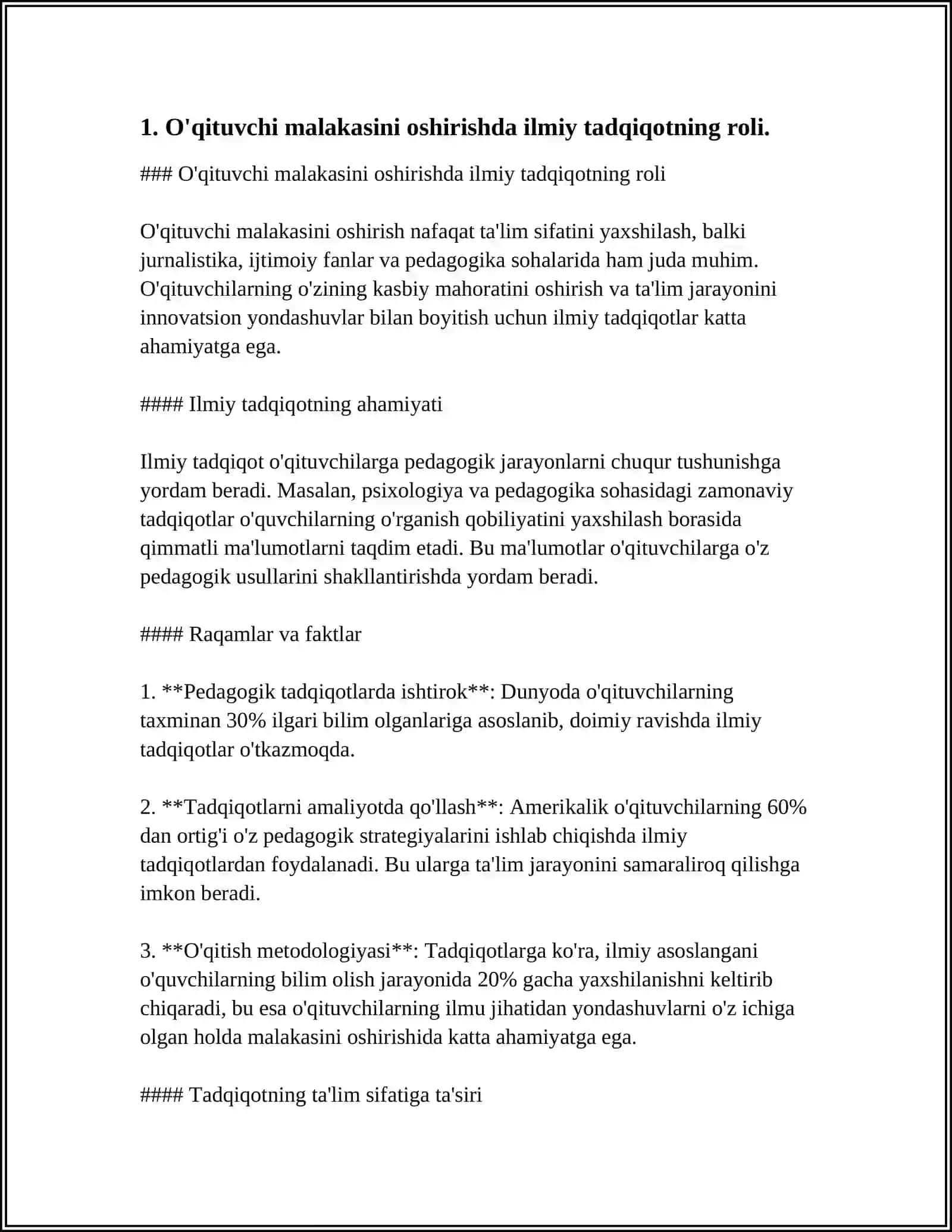 MUSTAQIL ISH Mavzu: CHIRCHIQ DAVLAT PEDAGOGIKA UNIVERSITETI ILMIY TADQIQOT OLIB BORISH KOMPETENTLIGI— BO_LAJAK O_QITUVCHI SHAXSINI SHAKLLANTIRISH OMILI SIFATIDA 4
