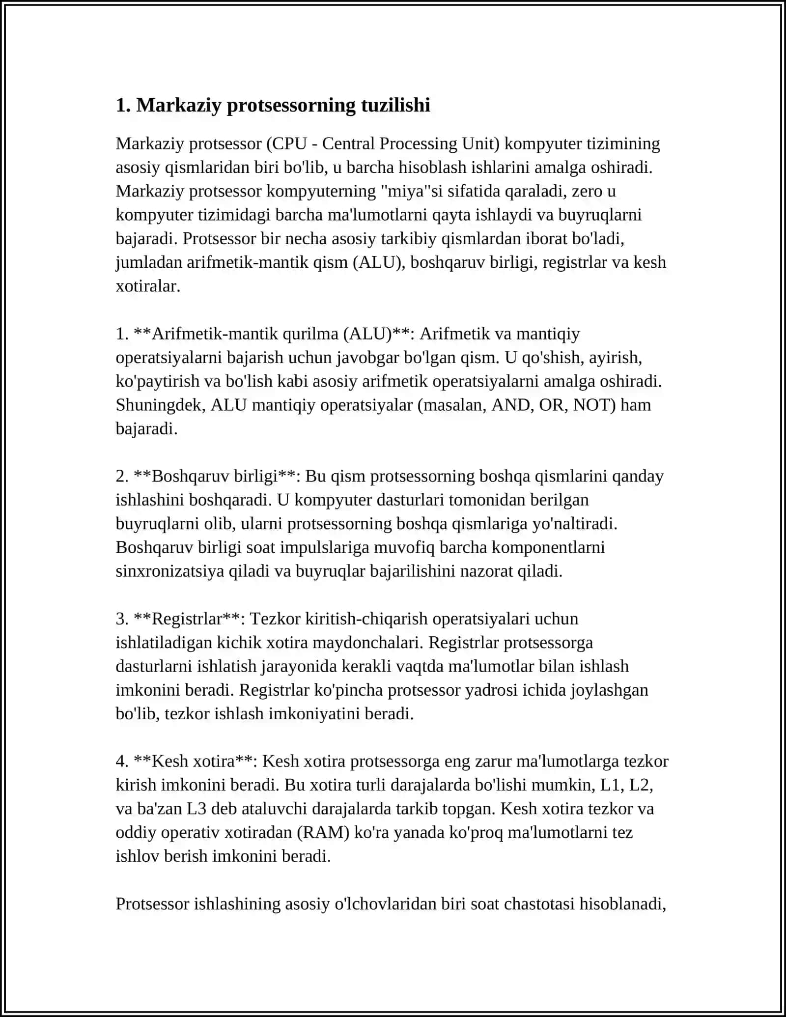 MUSTAQIL ISH Mavzu: MARKAZIY PROSESSOR (CPU YOKI MIKROPROSESSOR) 4