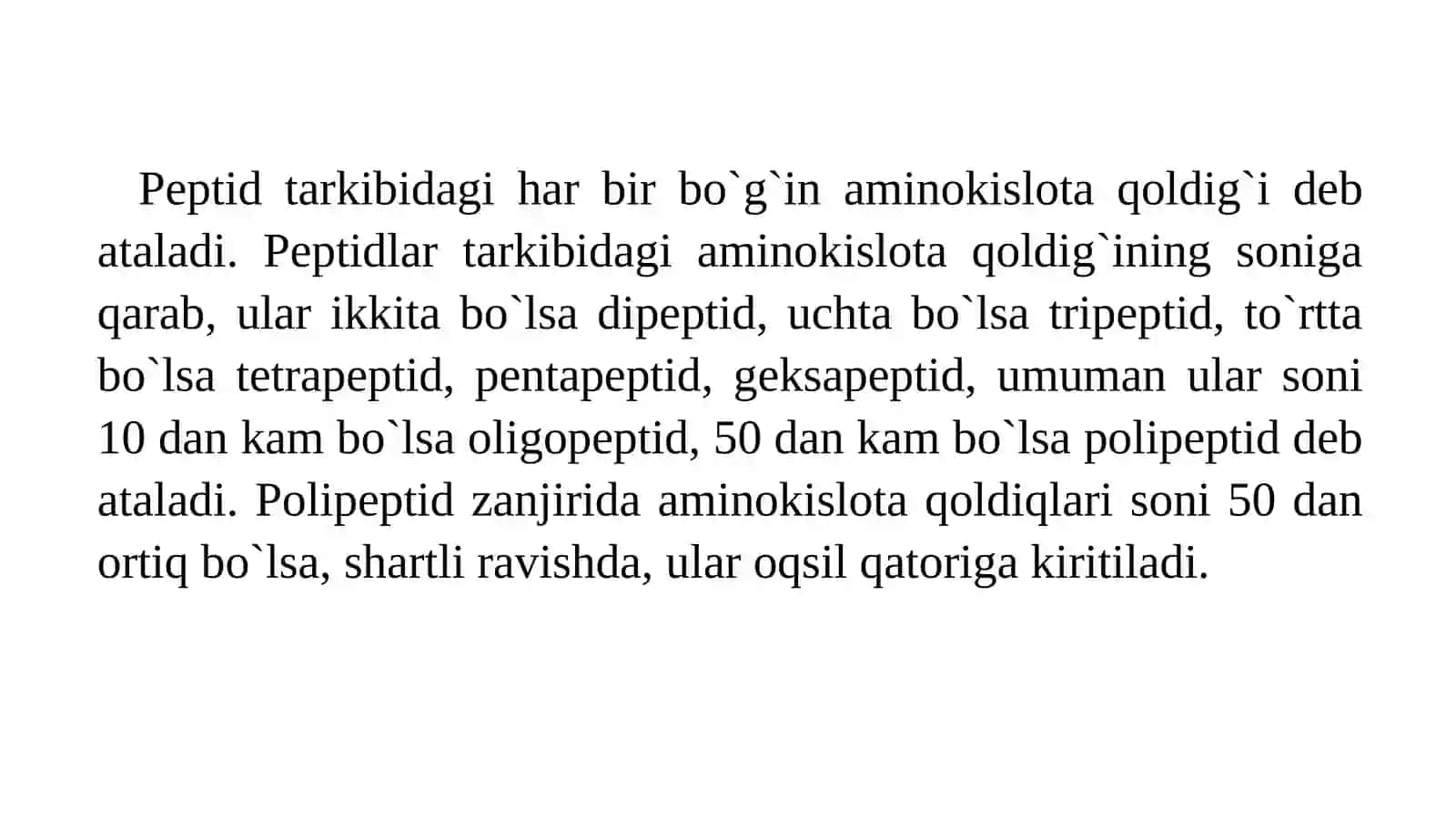 Peptidlar, tuzilishi, sinflanishi va biologik vazifalari 4