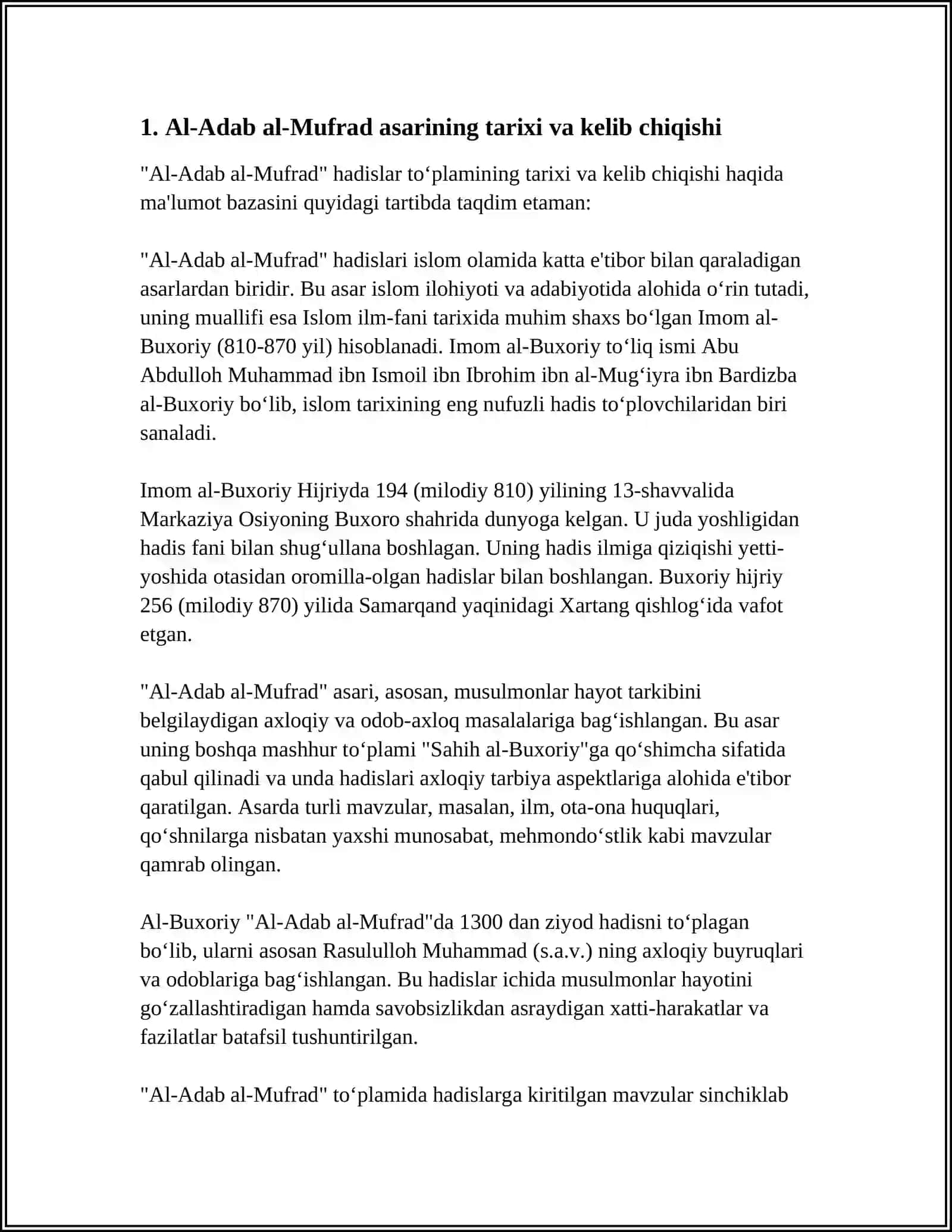 IMOM BUXORIYNING,,AL-ADAB AL-MUFRADʼʼ ASARINI KONSPEKTLASHTIRISH VA ESSE TAYYORLASH 4
