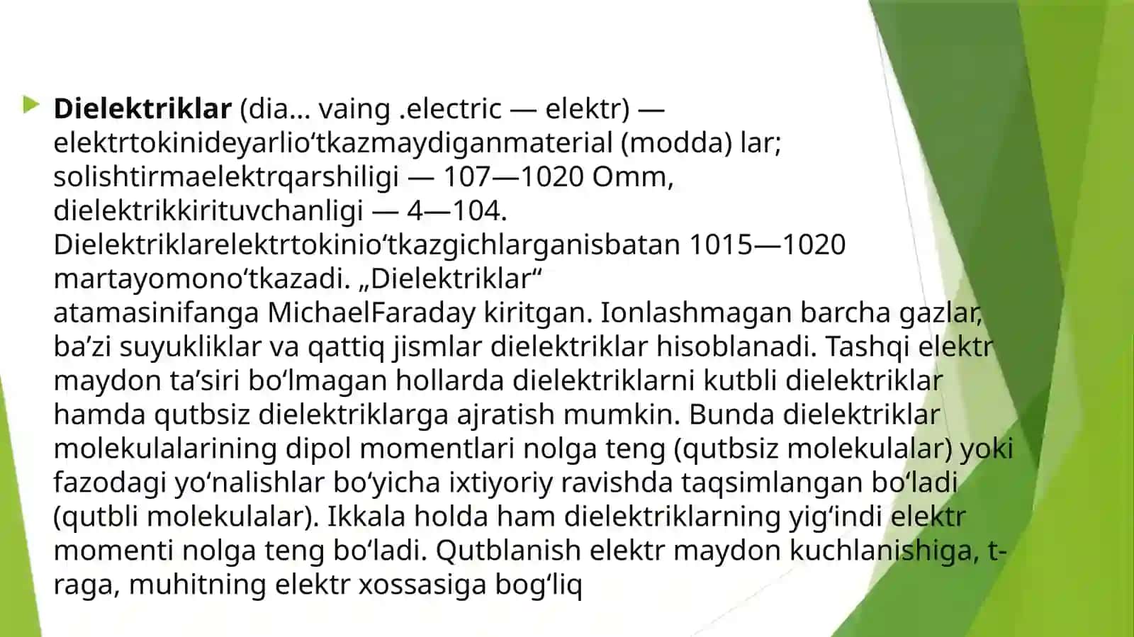 Dielektriklarda elektr maydoni. Dielektrik singdiruvchanlik va dielektriklarning qutblanishi. Pezoelektriklar va segnetoelektriklar to‘gʻrisida tushuncha 4