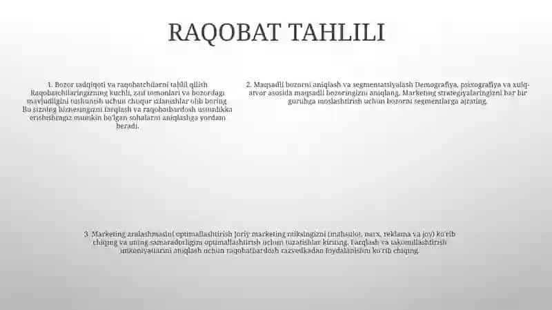 Biznes Rejaning Marketing Bo‘Limi 4