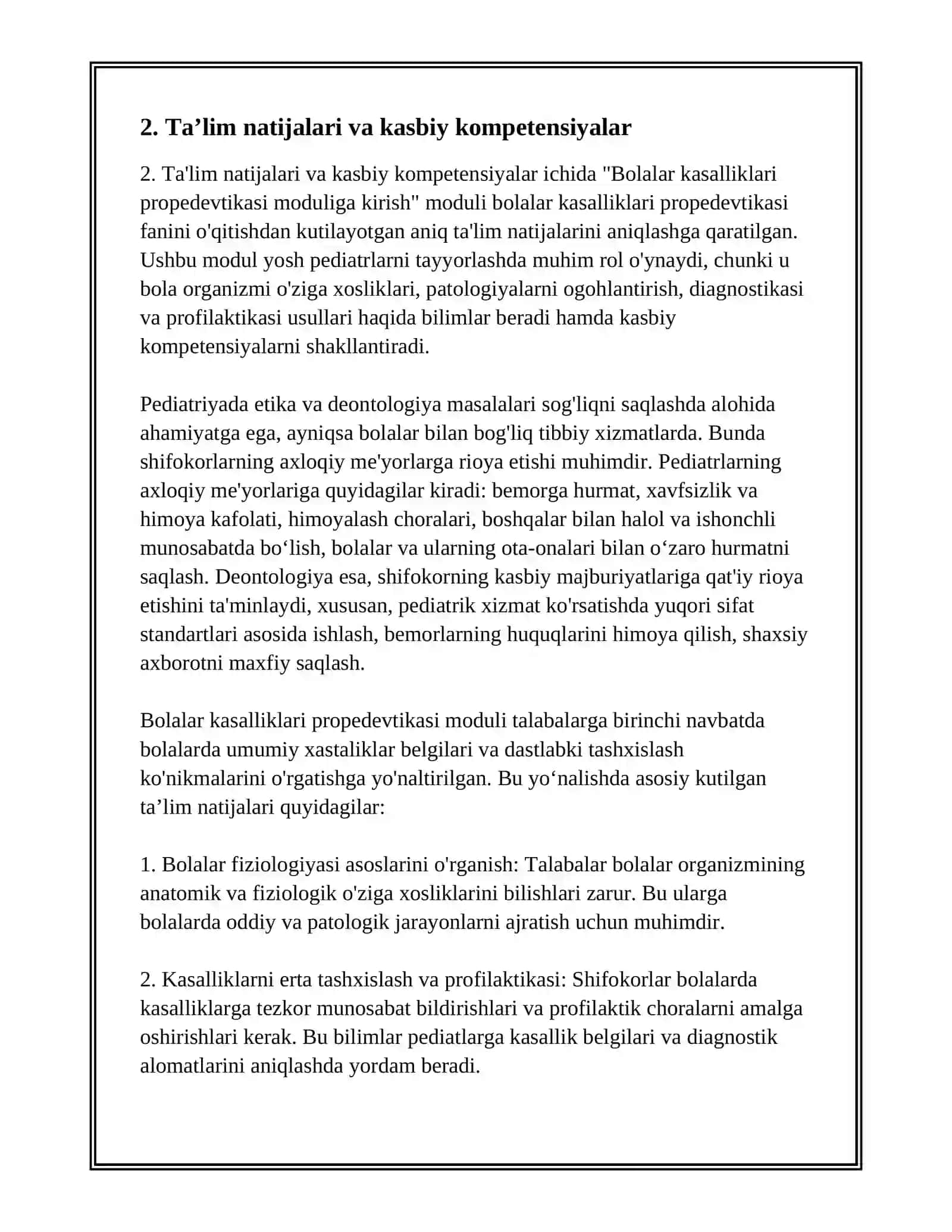 BOLALAR KASALLIKLARI PROPEDEVTIKASI MODULIGA KIRISH MADULNING MAQSAD VA VAZIFALARI. PEDIATRIYADA ETIKA VA DEONTOLOGIYA MASALARLARI 4