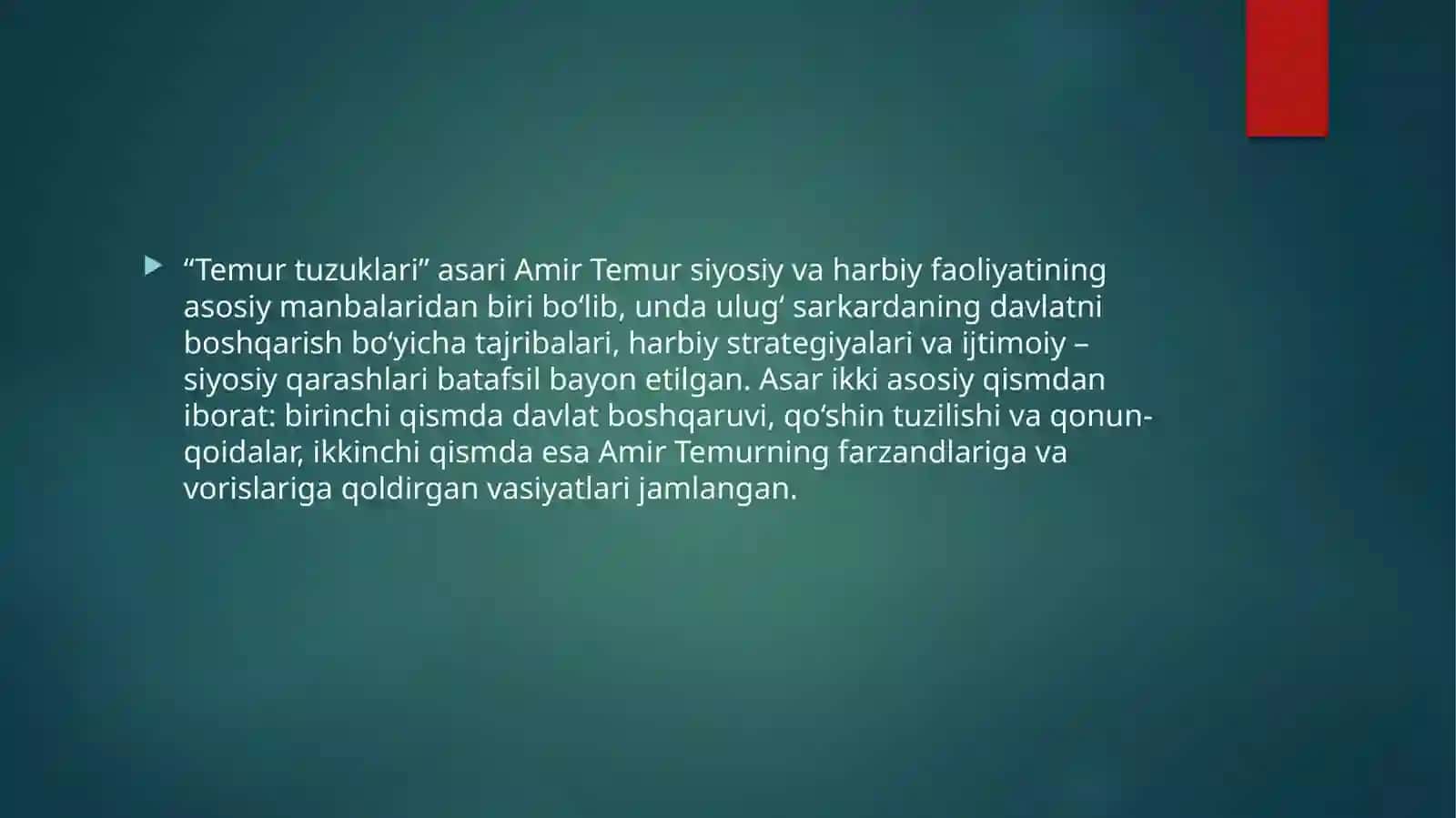 TEMUR TUZUKLARI ASARIDA DAVLATCHILIKNI BOSHQARISH TAMOYILLARI HAQIQAT VA ADOLATNI O‘RNATISHDA INSONPARVARLIK G‘OYALARI 4